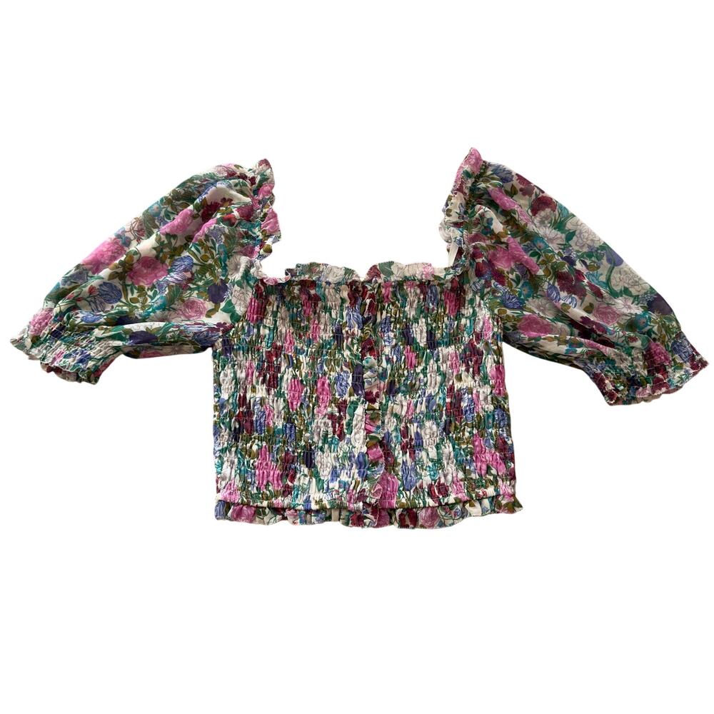 ASTR The Label Floral Smocked Puff Sleeve Crop Top Pink Green Size S